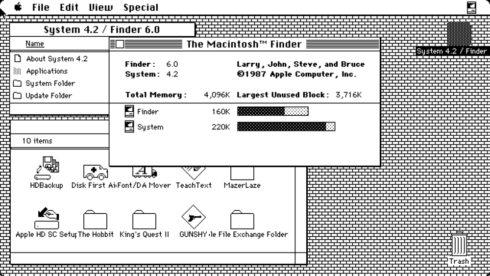 Mac OS System 4 desktop with Finder open (1987)